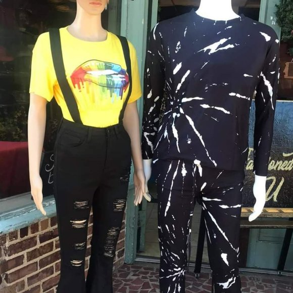 PANTS SET/Black Marble Print Long-Sleeve Tee & Joggers set size small - Picture 3 of 3